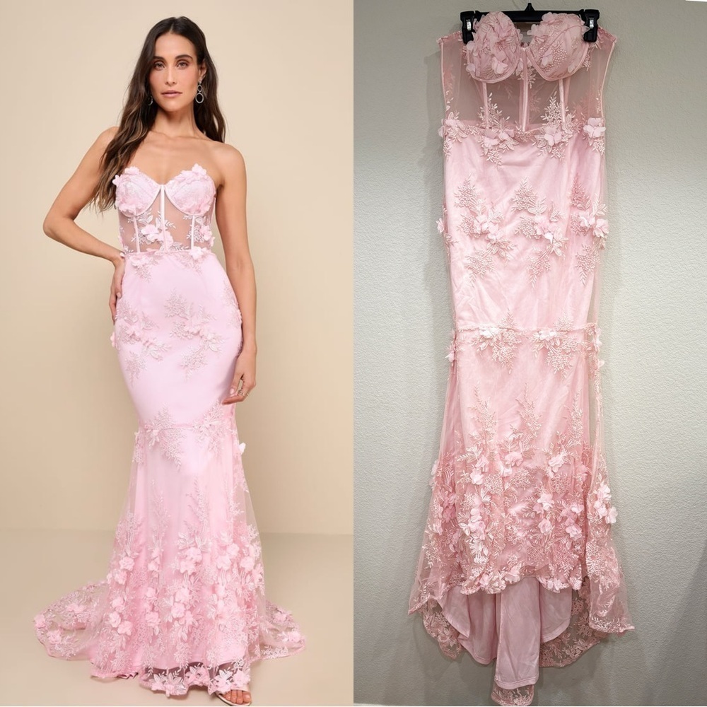 NWOT Lulus Radiant Expectations Pink Embroidered Floral Bustier Maxi Dress